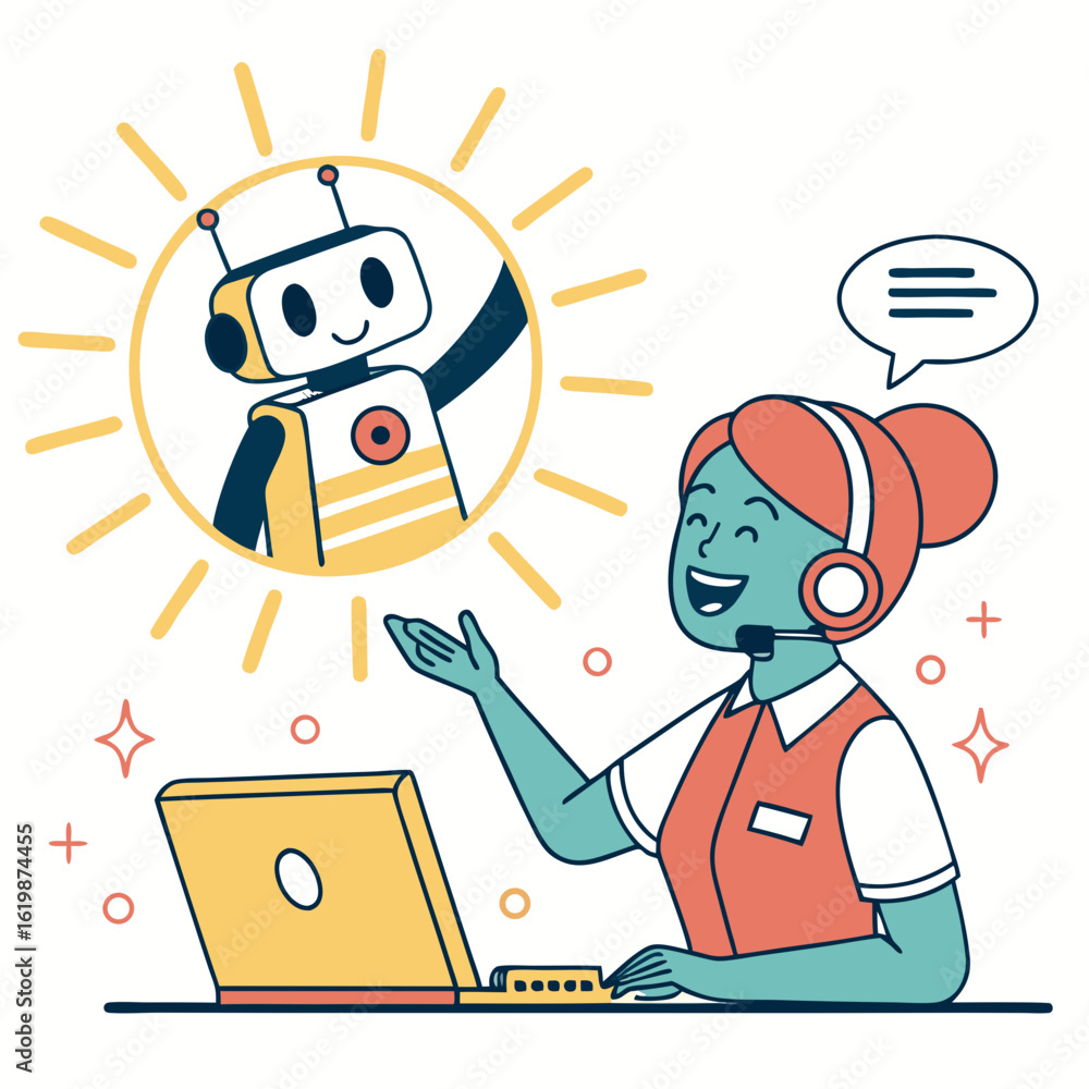 Poster happy customer service agent with a friendly robot assistant isolated on transparent background