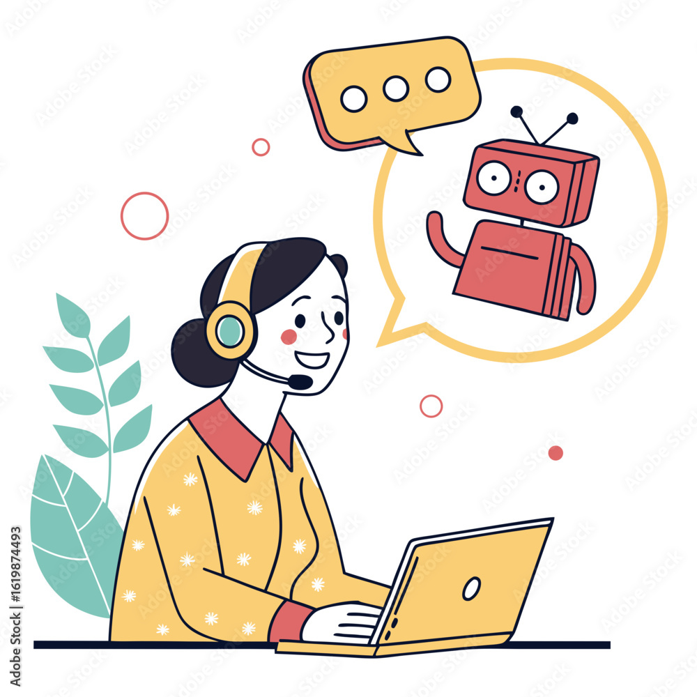 Poster customer service agent interacting with a chatbot on a laptop isolated on transparent background