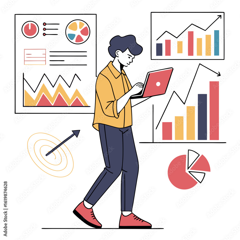 Aufkleber man analyzing business data and charts with a laptop isolated on transparent background