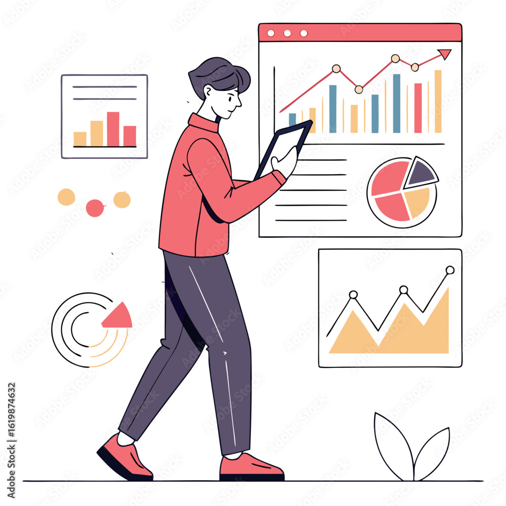 Aufkleber man analyzing financial data and charts on a tablet isolated on transparent background