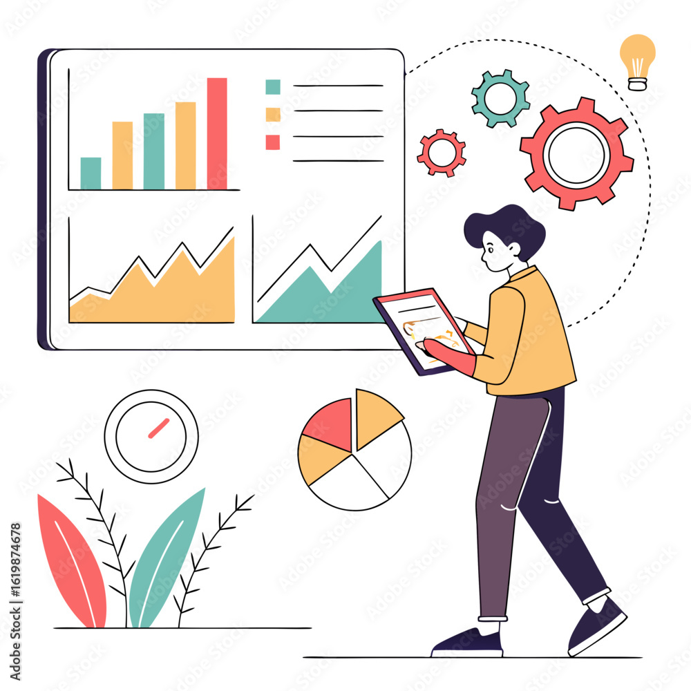 Aufkleber business analytics and strategy planning with charts and gears isolated on transparent background