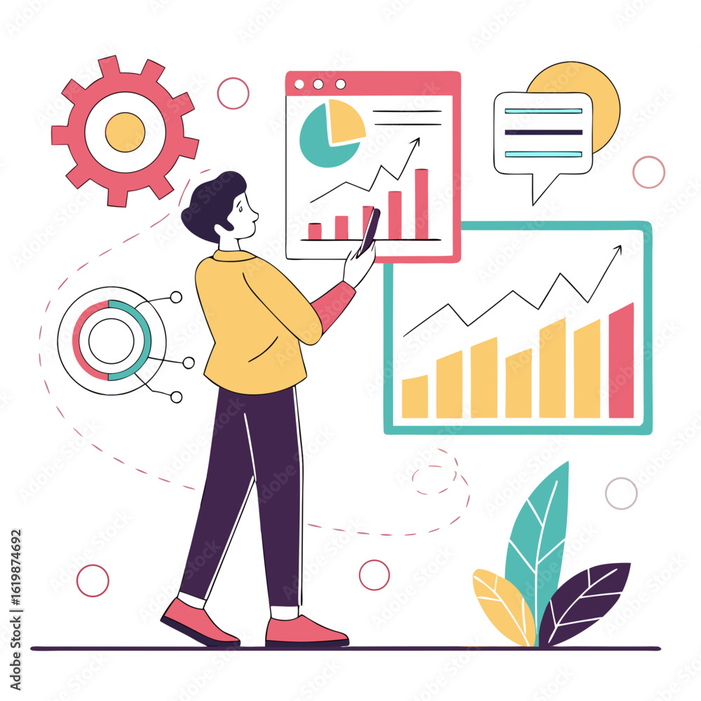 Poster person analyzing financial charts and data on a transparent background isolated on transparent backg