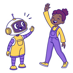 Friendly robot and happy girl waving hello isolated on transparent background