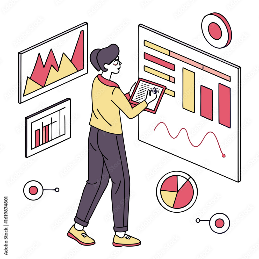 Poster woman analyzing data and charts on a large screen isolated on transparent background