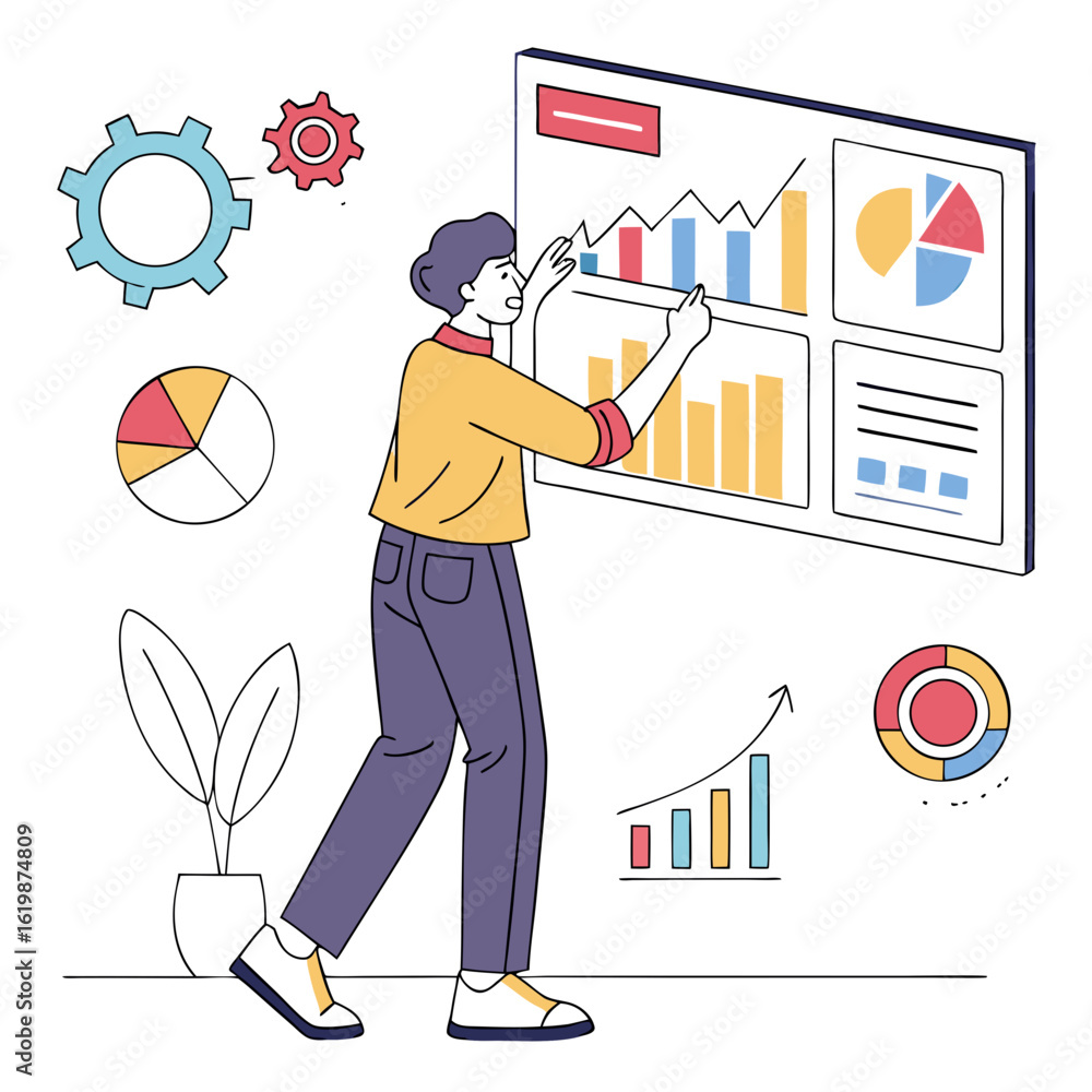 Poster person analyzing financial charts and graphs on a screen isolated on transparent background