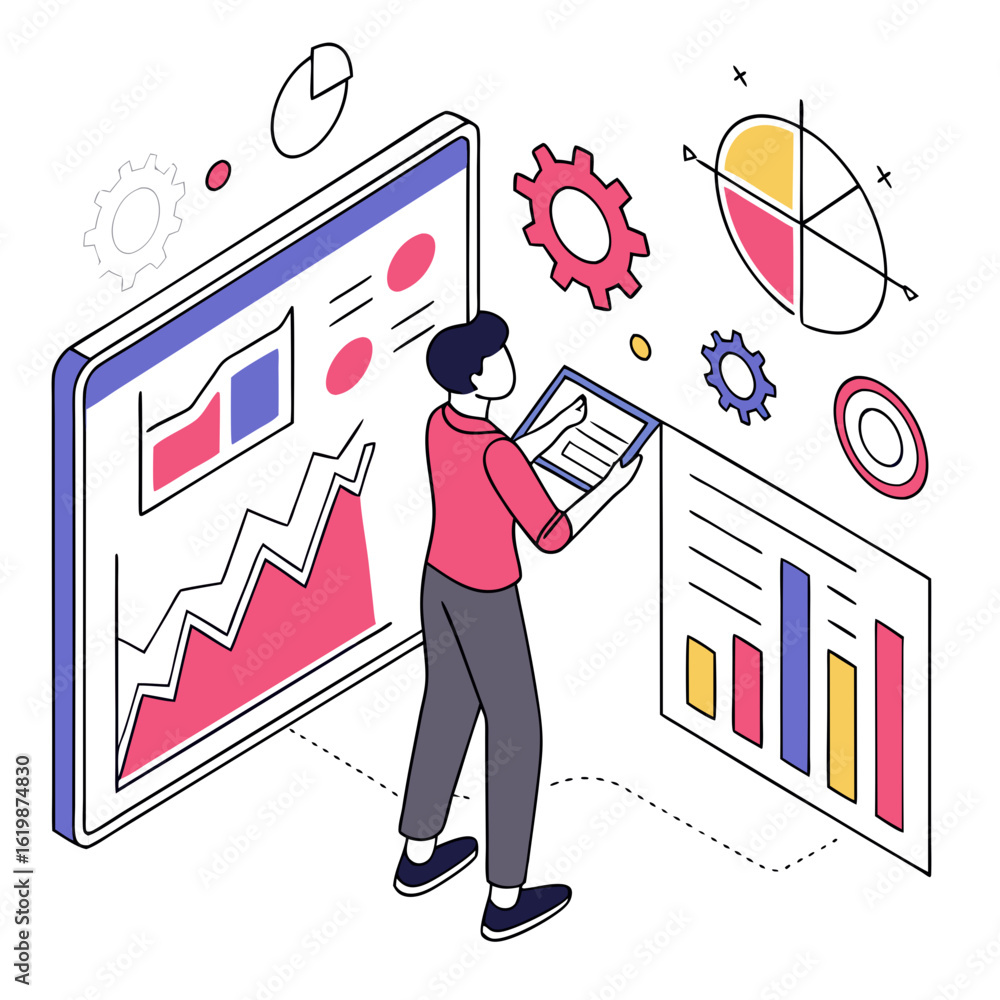 Poster person analyzing data and charts with isometric graphics isolated on transparent background