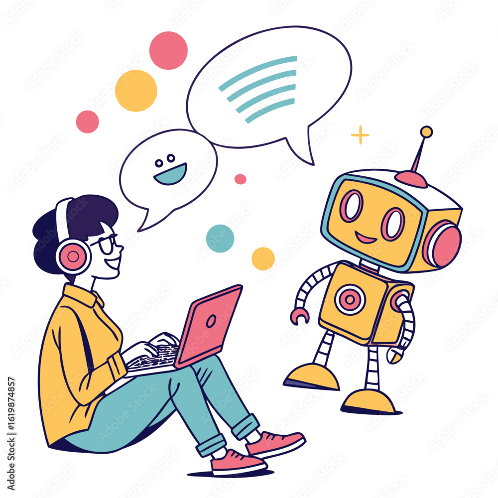 Poster person and robot communicating with speech bubbles isolated on transparent background