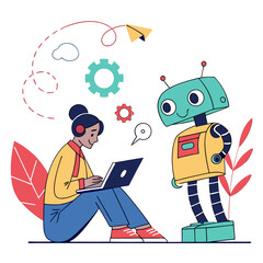 Person with headphones working on laptop with a friendly robot isolated on transparent background