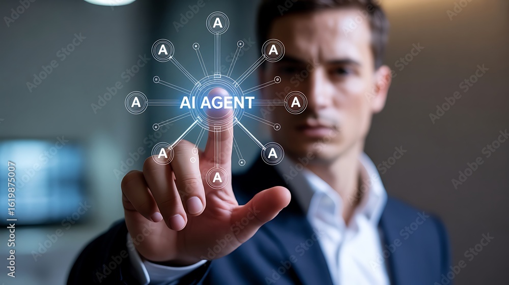 Fototapete man touching a i agent interface with glowing nodes and letters a artificial intelligence technology