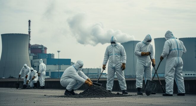 Scientists wearing hazmat suits are cleaning radioactive waste near a nuclear power plant, highlighting the dangers and environmental impact of nuclear energy