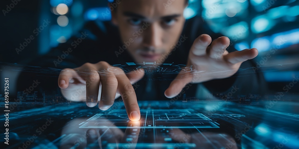 Aufkleber man touching glowing futuristic interface with blue digital data streams image