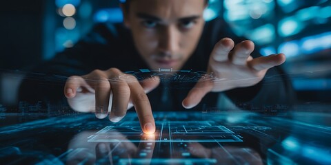 Man touching glowing futuristic interface with blue digital data streams image
