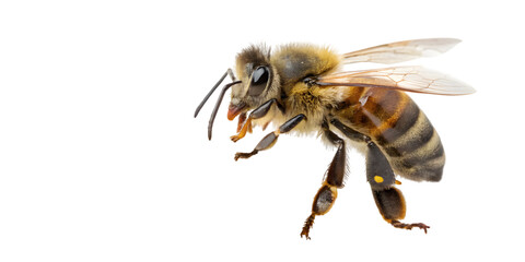 Macro view of a honey bee with detailed wings and fuzzy body showcasing its intricate anatomy and vibrant colors, ready for pollination projects, transparent background Png
