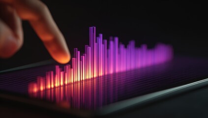 Finger touches glowing bar graph on tablet