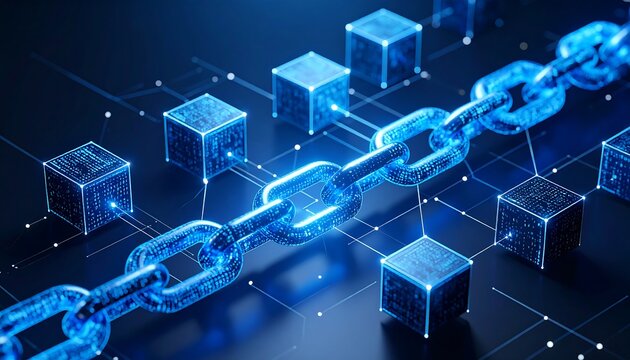 Digital Blockchain Network: Illuminated Chain and Cubes on Dark Blue Background