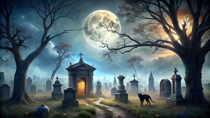 Photo of a haunted cemetery at night with tombstones, a crypt, and a black cat under a full moon, shrouded in fog, creating a chilling halloween atmosphere