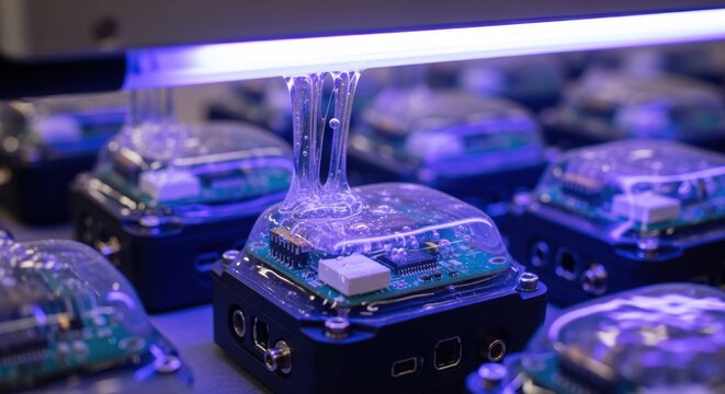 Potting resin curing under UV light on seismic survey nodes illustrating innovative methods for rapid electronic component protection.