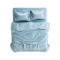 Obraz premium Light blue bed, top view. Soft, draped sheets and pillows. Empty, ready for sleep