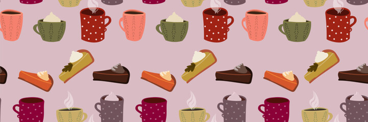 Seamless horizontal border pattern of cozy cartoon mugs with steam and whipped cream, and slices of pumpkin pie and chocolate cake, on a light lavender background. Ideal for sweet autumn designs.