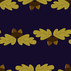 Seamless vector botanical pattern featuring clusters of yellow oak leaves and dark brown acorns, arranged in horizontal rows on a dark navy blue background. Ideal for rustic autumn designs.