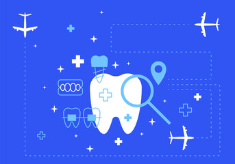 Medical Tourism. Dental tourism concept. Medicine service abroad background overlay. Dentist and Travel symbol