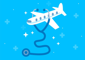Medical tourism. Traveling and Treatment. Airplane and stethoscope with medical elements