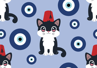 Seamless pattern with Turkish cute cat wearing Turkish red fez. Turkish Evil eye sign. Turkish-themed design, travel content, souvenir. Symbol of Turkey, Istanbul