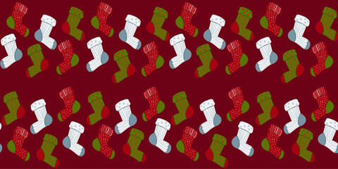 Seamless vector pattern of traditional Christmas stockings arranged in horizontal rows on dark red background. Perfect for Christmas textiles, holiday gift paper, and winter decor.