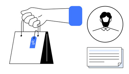 Hand holding shopping bag with discount tag, customer profile avatar, and document icon, representing online shopping, marketing, sales, customer service, documentation, offers and communication