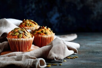 Rustic Pumpkin Seed Muffins on Linen with Dark Moody Background.