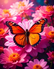 Fototapeta premium Vibrant butterfly on pink flowers