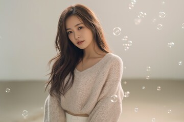 Portrait of a young asian woman surrounded by bubbles, a concept of dreams and innocence captured