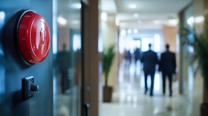 Fototapeta premium Fire alarm in a high rise building lobby with people entering and exiting capturing the importance of fire alarms in urban apartment complexes