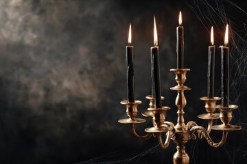 Elegant Bronze Candelabra with Black Candles Against Dark Mysterious Background.