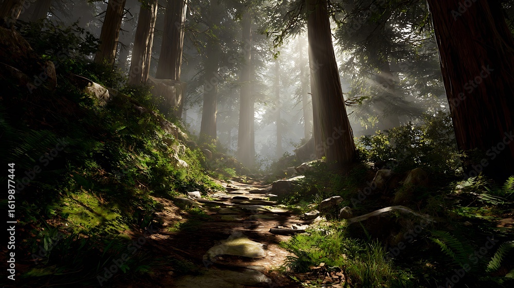 Poster walking path through forest with sunlight streaming through the trees