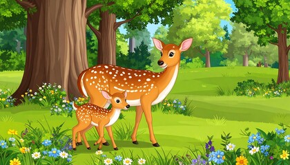 Deers in a lush forest meadow