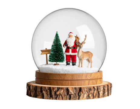  Snow Globe with Santa and Reindeer Under Glass Dome Cloche, Wooden Base, Rustic Style, Transparent Background