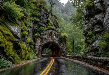 Wet road curves towards a stone tunnel nestled in a lush, green, rain-soaked mountain gorge