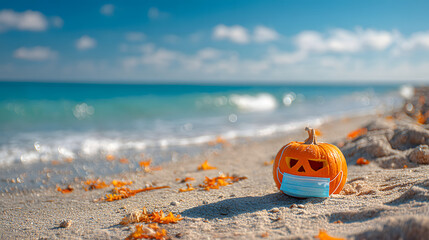 Obraz premium Halloween party on the beach. Carved Pumpkin Jack-o'-lantern with Medical face Mask. Jack o lantern for Happy Halloween. Autumn season. On background ocean. Autumn in Florida. Fall season. Copy space.