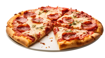 Enjoy a delicious pepperoni pizza with fresh herbs for your next Italian themed meal or food blog post isolated on white or transparent png.