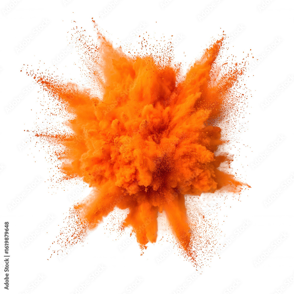 Aufkleber vivid orange powder exploding and forming a dynamic cloud against a transparent background, ideal fo