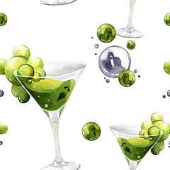Spooky green Halloween cocktail with bubbles watercolor illustration seamless pattern. Ornament for Halloween themed drinks menu. Martini glass with green transparent for background, packaging, cover