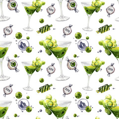 Spooky Halloween cocktail green with bubbles and sweets watercolor illustration seamless pattern. Ornament for Halloween themed drinks menu with lollipops. Martini glass with a glass and candies
