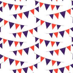 Triangular flags red and purple watercolor illustration seamless pattern. Ornament of pennants on ribbon. Concept of holiday and celebration