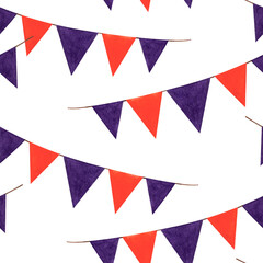 Triangular flags red and purple watercolor illustration seamless pattern. Ornament of pennants on ribbon. Concept of holiday and celebration