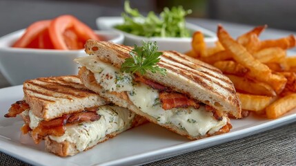 Golden Grilled Comfort Sandwiches with Melted Cheese, Fresh Tomato, Herbs, and Crunchy Fries