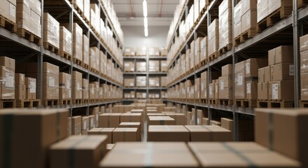 Obraz premium Commercial storage facility aisle lined with pallet racks filled with sealed cardboard packages.