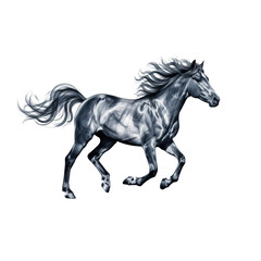 A galloping gray horse with flowing mane and tail. The horse is depicted in a dynamic pose, showcasing its strength and grace against a transparent background.