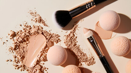 A close up shot of makeup brushes sponges and loose powder on a beige background in a studio setting .