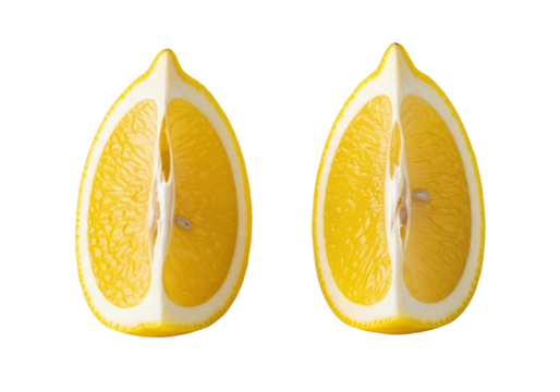 Two vibrant yellow lemon wedges, meticulously cut, standing upright, revealing glistening, textured juicy pulp and white pith on a transparent background with soft studio light, ultra-detailed